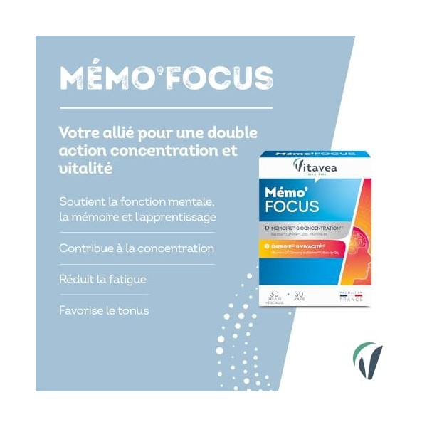 VITAVEA BIEN-ETRE - MémoFocus - Complément alimentaire mémoire, concentration et vitalité - Bacopa, Caféine, Zinc, Vitamine 