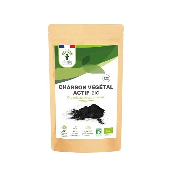 BIOPTIMAL - Charbon Végétal Actif Bio en Poudre - Digestion Santé intestinale - Ingrédient pour Pâtisserie ou Cosmétique - De