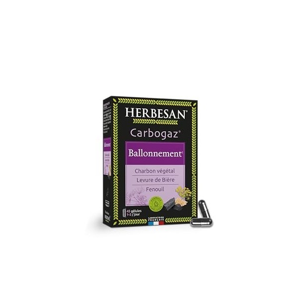 HERBESAN®-CARBOGAZ - Ballonements - Charbon végétal, Levure de Bière, Fenouil - Fabrication française - 45 gélules