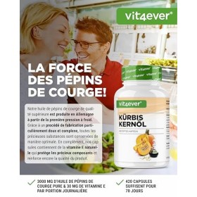 Huile de pépins de courge - 420 capsules - 3000 mg par portion journalière - Avec vitamine E naturelle - Hautement dosée - Na