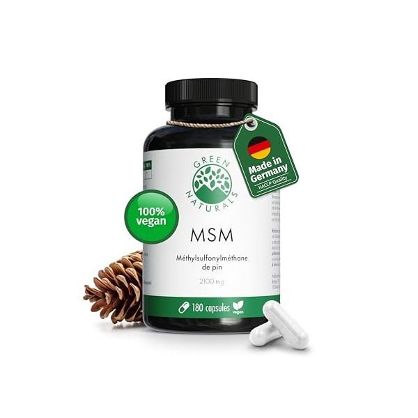 MSM 2100 mg - Methylsulfonylméthane, Soufre Organique de Pin - 180 Gélules de Haute Qualité - Green Naturals