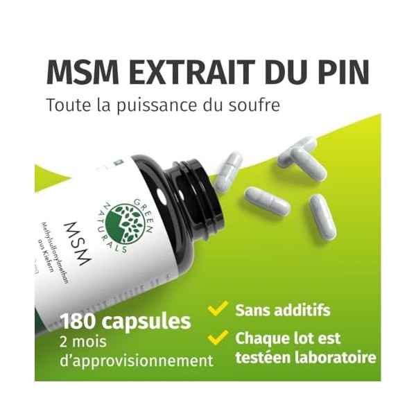 MSM 2100 mg - Methylsulfonylméthane, Soufre Organique de Pin - 180 Gélules de Haute Qualité - Green Naturals