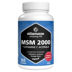 MSM 2.000 mg + vitamine C naturelle dacérola, 365 comprimés végétaliens pour 6 mois, hautement dosés, 99,9% de méthylsulfony