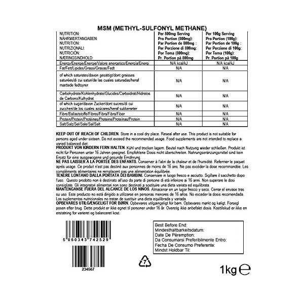 Bulk MSM en poudre méthyl-sulfonylméthane , 1 kg, lemballage peut varier