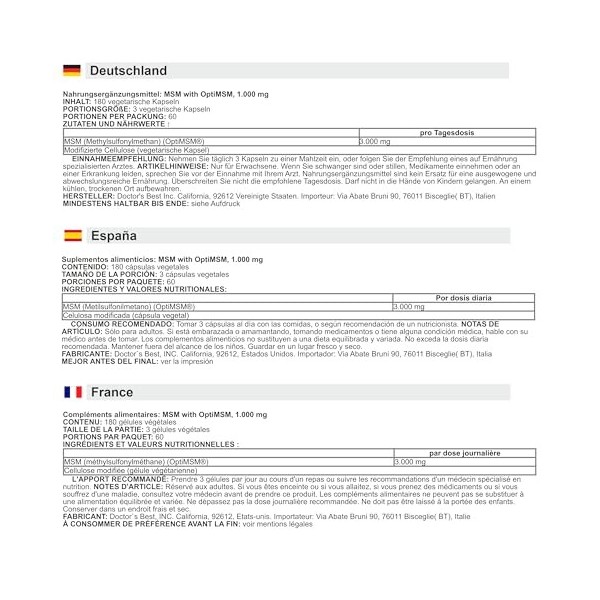 Doctors Best - MSM avec OptiMSM Vegan | 1000 mg - 180 gélules