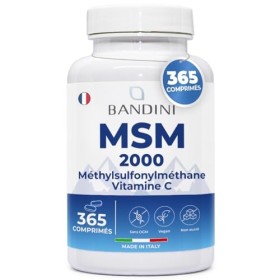 Bandini® MSM 2000 mg + Vitamine C | 365 Comprimés 100% Végan de Méthylsulfonylméthane | Complexe pour les Os, Articulations, 