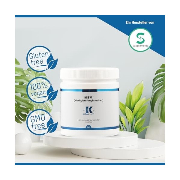 Klean Labs Poudre MSM méthylsulfonylméthane - Paquet de 500 g - Végétalien, sans OGM, sans gluten - Poudre de haute pureté