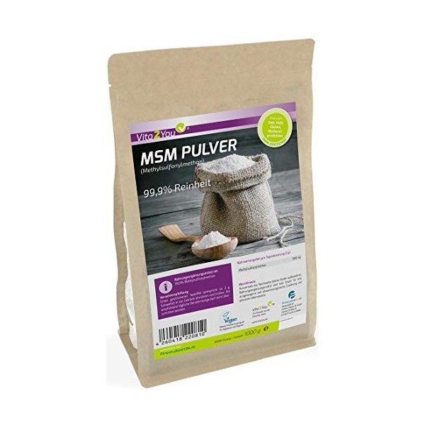 Vita2You Poudre MSM 1000 g - méthylsulfonylméthane 99,9 % de pureté - Facteur de maille 40-80 - 1 kg de soufre organique - 