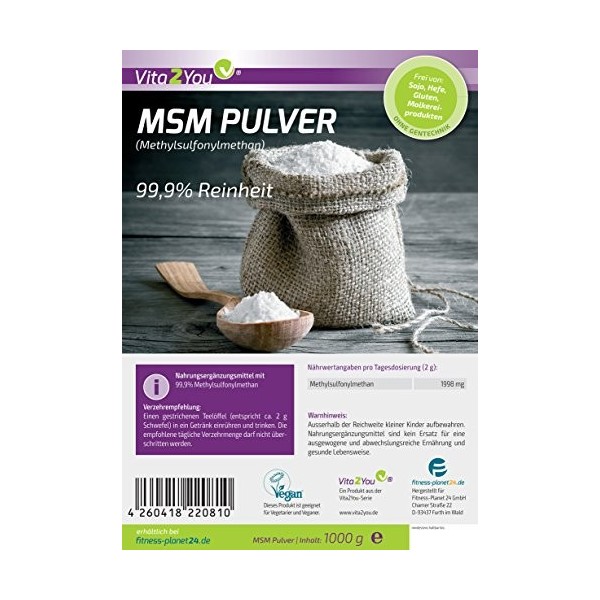 Vita2You Poudre MSM 1000 g - méthylsulfonylméthane 99,9 % de pureté - Facteur de maille 40-80 - 1 kg de soufre organique - 