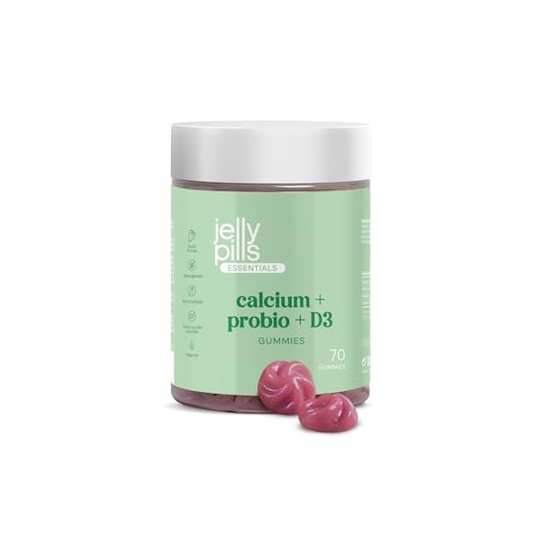 Jelly Pills® Gummies 240 mg Calcium & Probiotiques avec Vit D3 et K2-70 Gummies végétaliens aromatisés à la fraise pour les o