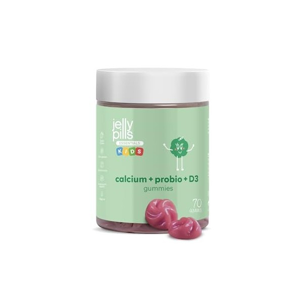 Jelly Pills® Kids Gummies Calcium & Probiotiques avec Vit D3 et K2 Enfants - 70 gommes végétaliennes à la fraise pour les os,