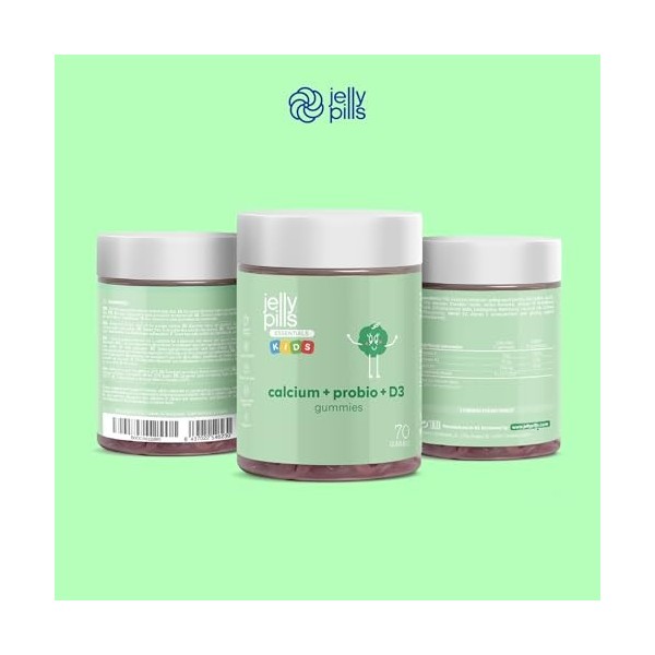 Jelly Pills® Kids Gummies Calcium & Probiotiques avec Vit D3 et K2 Enfants - 70 gommes végétaliennes à la fraise pour les os,
