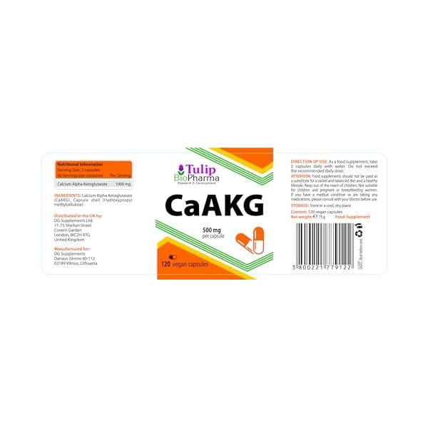 CaAKG Calcium Alpha Ketoglutarate 500mg 120 Capsules Vegan, testé par un laboratoire tiers