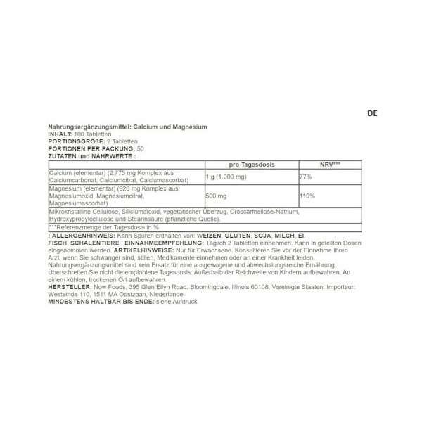 Now Foods - Calcium & Magnesium | Soutien naturel pour la santé osseuse et la détente musculaire - 100 comprimés