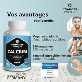 Calcium Carbonate à Forte Dose -180 Comprimés pour 3 Mois - 800 mg de Calcium par Dose Quotidienne - Naturel Complément Alime