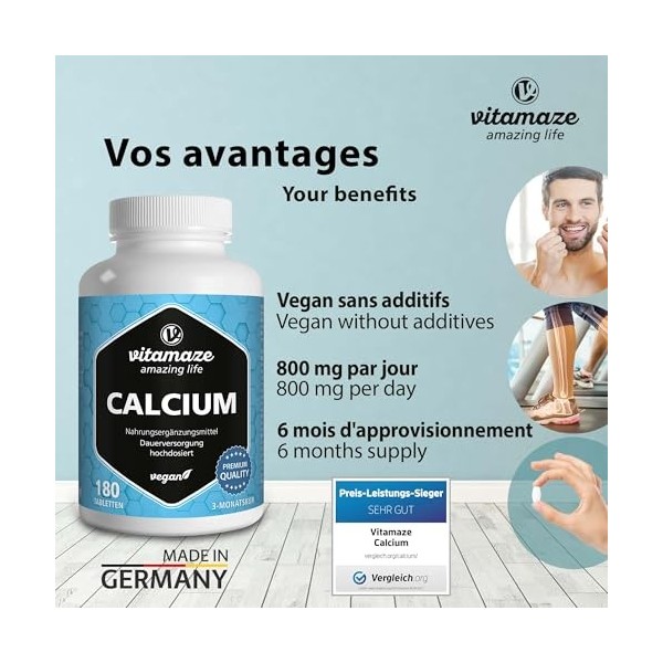 Calcium Carbonate à Forte Dose -180 Comprimés pour 3 Mois - 800 mg de Calcium par Dose Quotidienne - Naturel Complément Alime