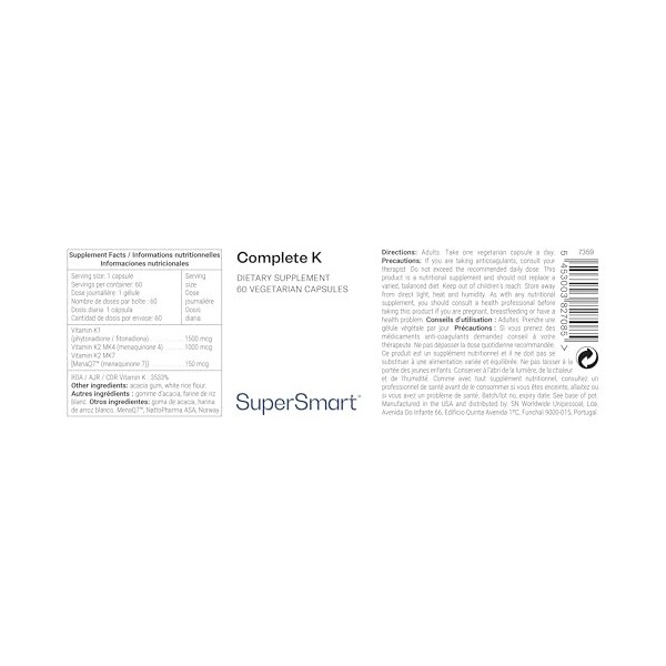 Complete K - Aide à Redistribuer le Calcium dans le Corps - Soutient la Coagulation sanguine - Combine 3 Formes de Vitamine K