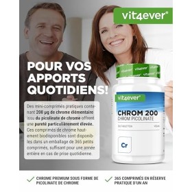 Picolinate de Chrome - 200 mcg de chrome pur par comprimé - 365 comprimés par an - Pur - Sans additif indésirable - Hautement