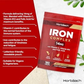 Fer Complément Alimentaire avec Acide Folique Vitamine B12 et Vitamine C | 14mg | 180 Gelules Vegan | Iron Supplement Tablets