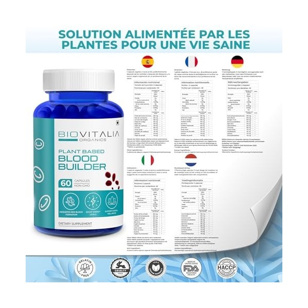Biovitalia Organics Capsule de constructeur de sang à base de plantes 1000 mg | Supplément alimentaire en fer | Soutient la c