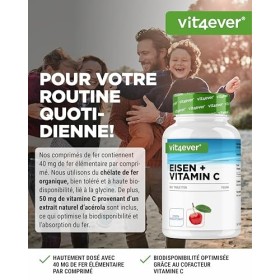 Fer - 365 comprimés avec 40 mg de fer pur + vitamine C naturelle - Matière première de qualité supérieure : bisglycinate de f