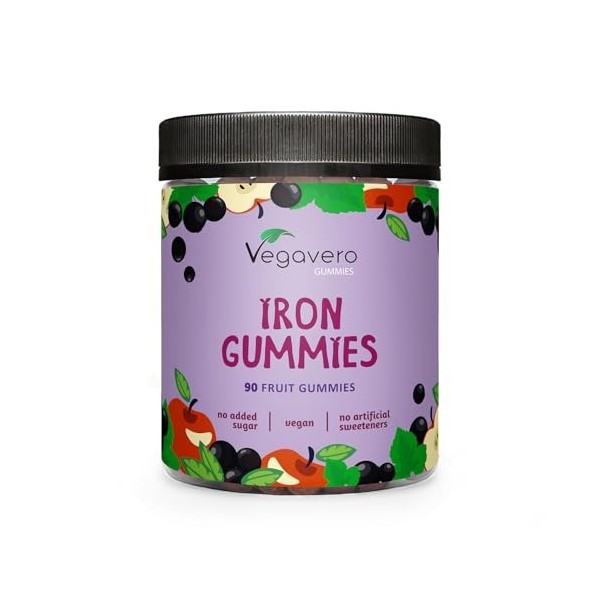 Gummies Fer | Pour Enfant et Adulte | Sans Sucres Ajoutés & Vegan | Avec 97% de Fruits | 94 Gommes Goût Cassis | Anti Fatigue