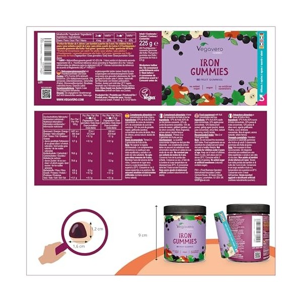 Gummies Fer | Pour Enfant et Adulte | Sans Sucres Ajoutés & Vegan | Avec 97% de Fruits | 94 Gommes Goût Cassis | Anti Fatigue