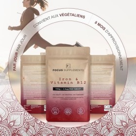 FS Iron B12 Fer | Complément Alimentaire Fer Haute Teneur | 240 Comprimés de Fer B12 – 14mg de Fer et 2,5µg de B12 par Portio