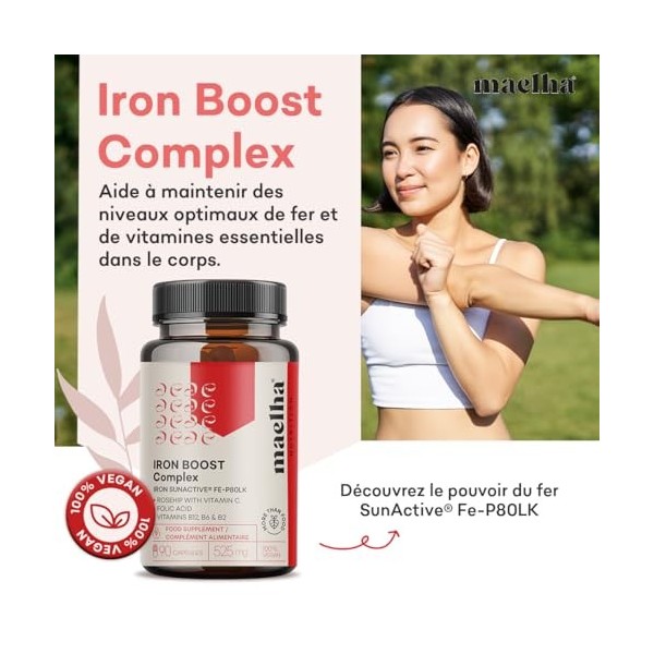 Complément alimentaire en fer SunActive® Fe-P80LK, complexe de rose musquée avec vitamine C, acide folique, vitamines B12, B6