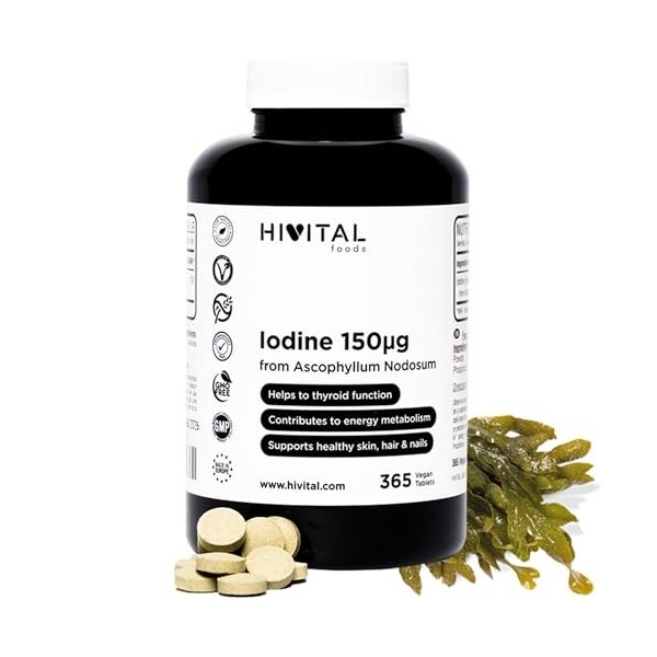 Iode Naturel 150 mcg. 365 comprimés végétaliens pour 1 an. Iode provenant d’Algue Kelp BIO. Pour lamélioration du métabolism