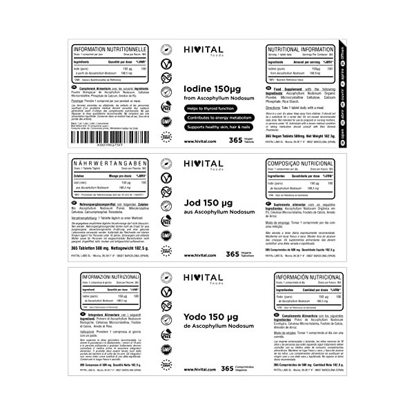 Iode Naturel 150 mcg. 365 comprimés végétaliens pour 1 an. Iode provenant d’Algue Kelp BIO. Pour lamélioration du métabolism