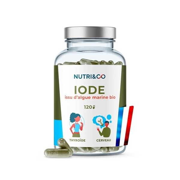NUTRI & CO Iode Tyroïde Bio - Poudre dAlgue Naturelle Breveté PureSea® - 150µg par gélule - Soutien de la Thyroïde & Fonctio