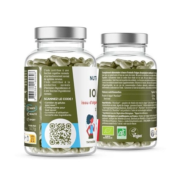 NUTRI & CO Iode Tyroïde Bio - Poudre dAlgue Naturelle Breveté PureSea® - 150µg par gélule - Soutien de la Thyroïde & Fonctio
