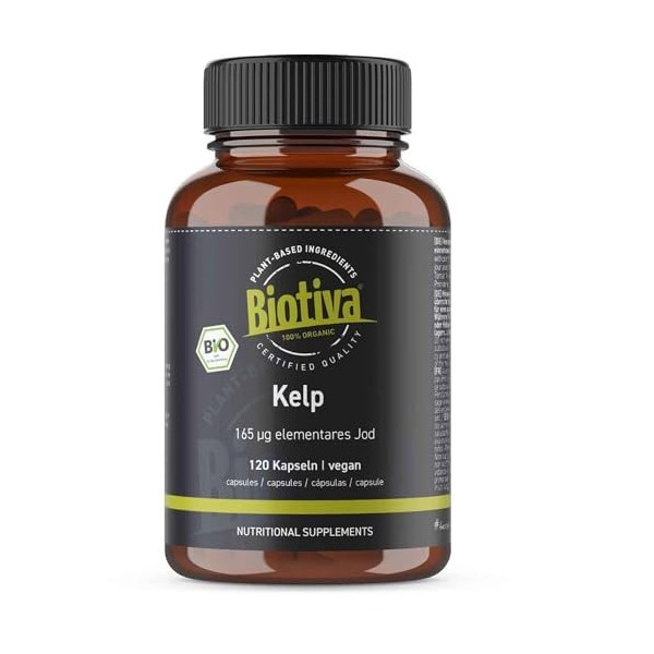 Kelp Bio hautement dosé 120 gélules - 165 mg diode naturel - Algues Kelp - Mis en bouteille en Allemagne - 100% Végétalien -