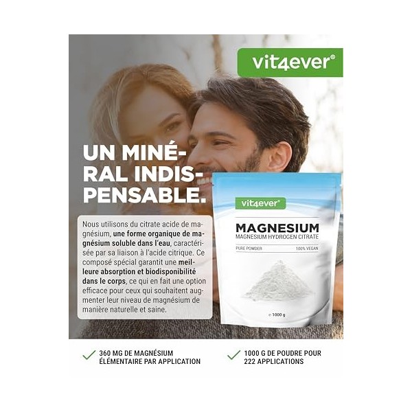 Poudre de magnésium - 1000g - Bonne solubilité - Poudre pure sans additifs - Avec cuillère de mesure - Qualité Premium - Vega