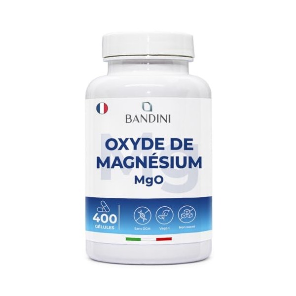 Bandini® Oxyde de magnésium 400 gélules +1 an , 664 mg dont 400 mg de magnesium élémentaire par gélule, Booster dénergie,