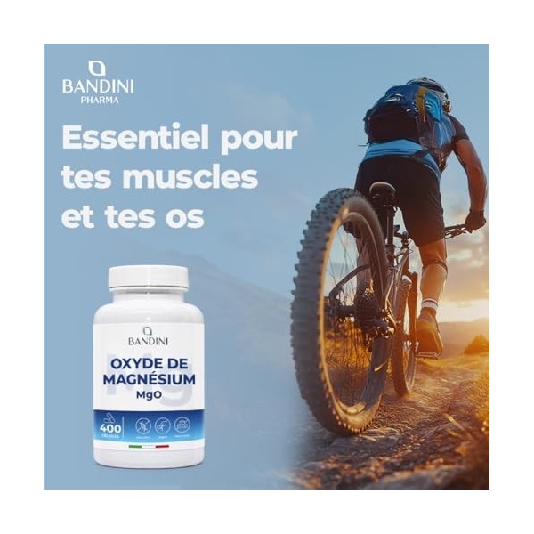 Bandini® Oxyde de magnésium 400 gélules +1 an , 664 mg dont 400 mg de magnesium élémentaire par gélule, Booster dénergie,