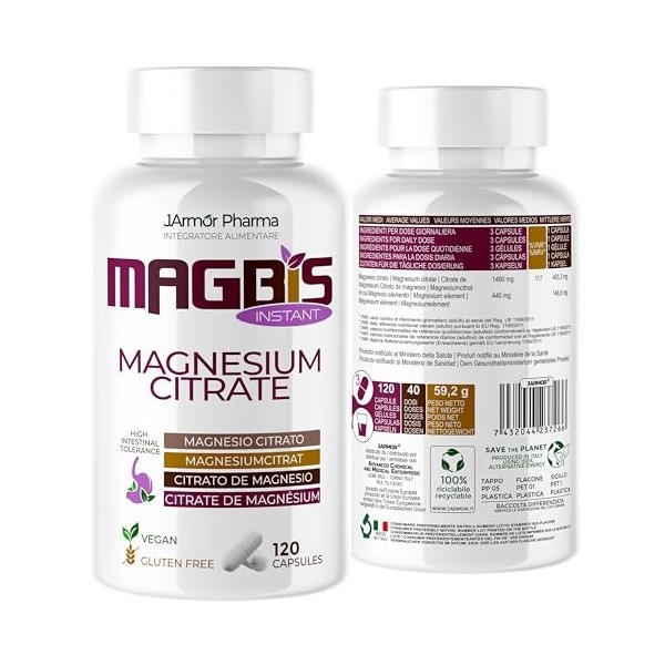Citrate de Magnésium 1480mg, 120 Gélules Vegan 440 mg De Magnesium Élémentaire, Electrolyte Pour Fatigue, Système Nerveux, Mu