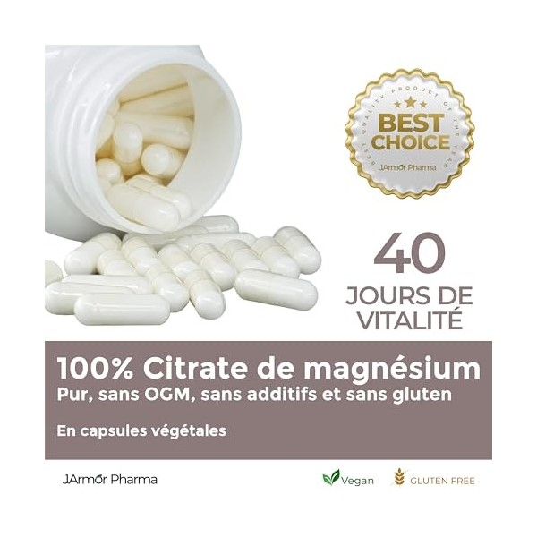 Citrate de Magnésium 1480mg, 120 Gélules Vegan 440 mg De Magnesium Élémentaire, Electrolyte Pour Fatigue, Système Nerveux, Mu
