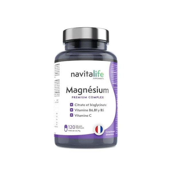 Magnésium 2145 mg. Bisglycinate de Magnésium 600 mg + Citrate de Magnésium 1545 mg avec Vitamines B6+ C+B1+B5. Magnésium Élém