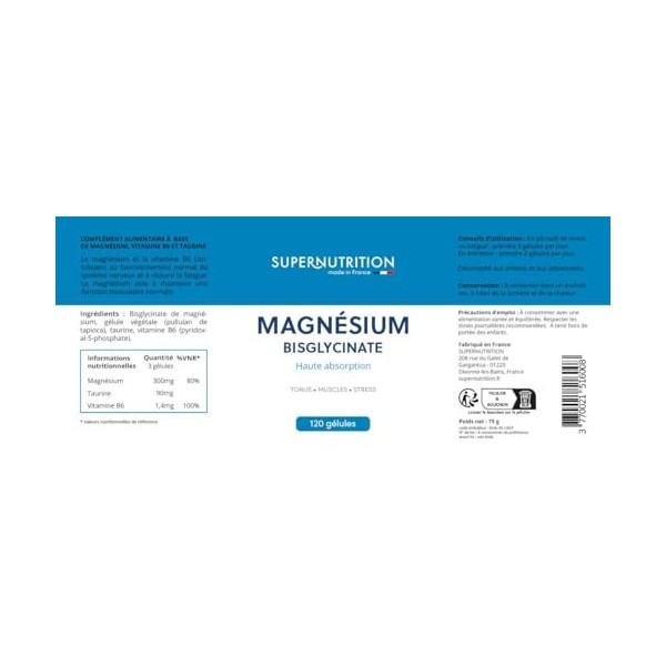 Magnésium Bisglycinate 300mg + Vitamine B6 + Taurine - Sommeil, Stress, Fatigue - Absorption Maximale - 120 Gélules Vegan - C