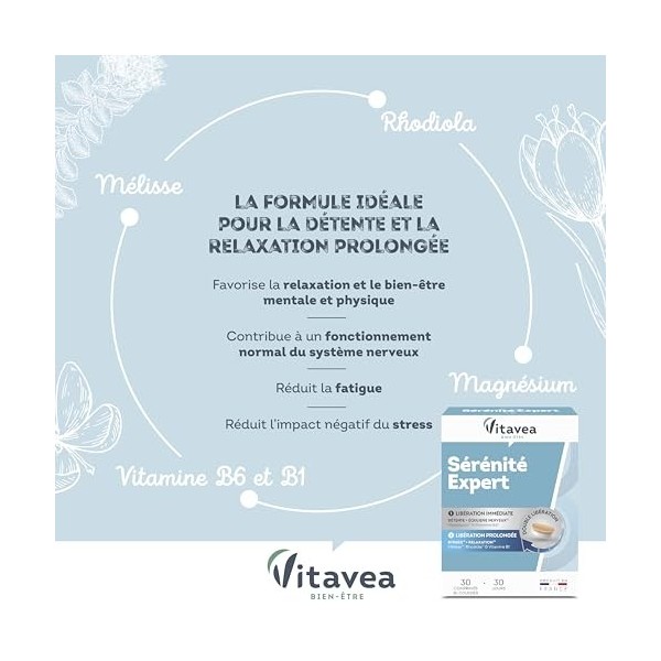 Vitavea - Sérinité Expert - Magnésium, Mélisse, Vitamine B6 et Vitamine B1 - Complément alimentaire Détente et Relaxation - A