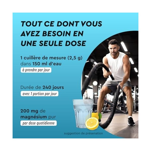 Complexe de magnésium en poudre 600g - Bisglycinate, citrate & malate hautement dosé - Solubilité rapide - Pour les muscles, 