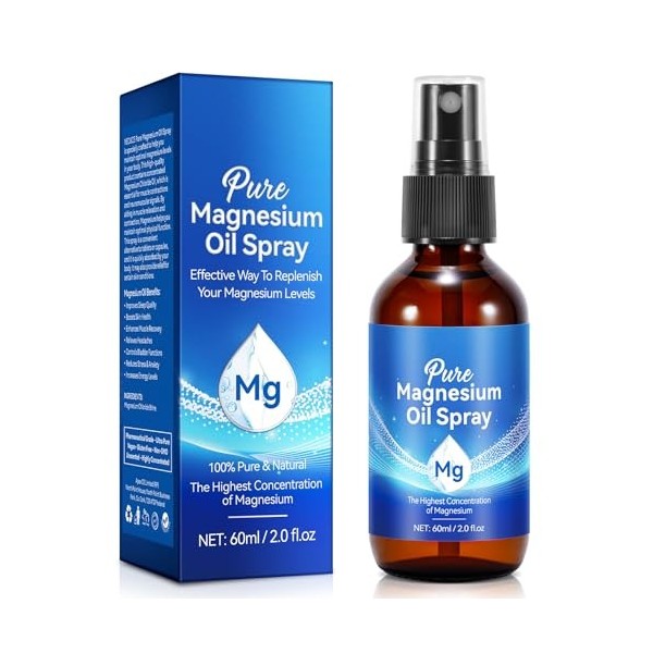 Huile de Magnésium 60ml, Spray de Magnésium Topique 100% Naturel Pour les Pieds, Spray de Magnésium Pour le Sommeil, Récupéra