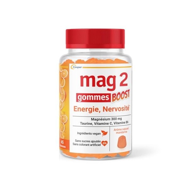 MAG 2 - Gommes BOOST - Magnésium, taurine, vitamines B6 et C - Anti-nervosité et anti-fatigue - Sans sucres ajoutés -Arôme na