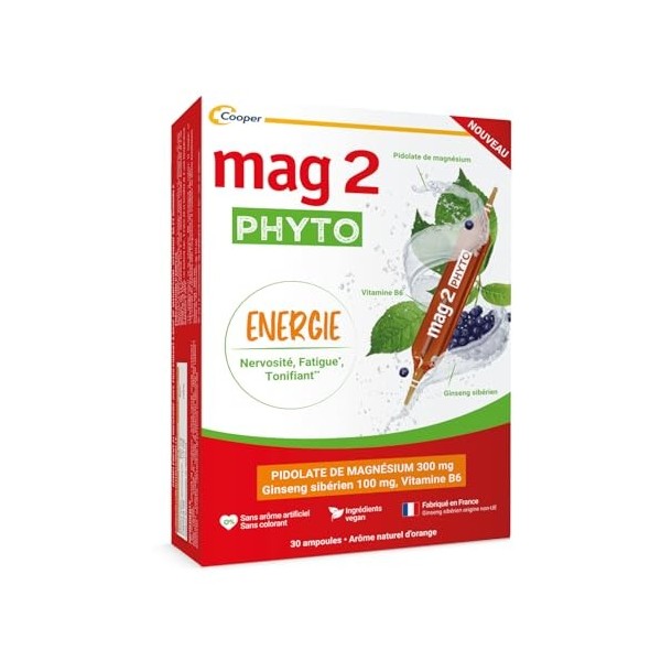 MAG 2 – Phyto Energie - Magnésium 300 mg, vitamine B6 et ginseng sibérien - Nervosité et Fatigue - Arôme naturel dorange - C