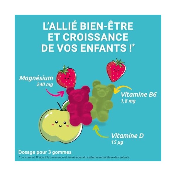 MAG 2 - Gommes kids – Magnésium, vitamine B6 et vitamine D - Croissance et Immunité - Sans sucres ajoutés - Complément alimen