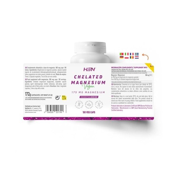 HSN Bisglycinate de Magnésium 350 mg Magnésium Élémentaire | 180 Capsules Végétaliennes | 100% Glycinate de Magnésium Haute