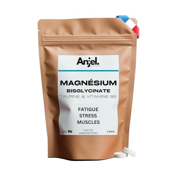 ANJEL | Magnésium Bisglycinate + Taurine & Vitamine B6, Haute Teneur 300mg/j, 90 Comprimés - Fatigue et Stress, Absorption Su