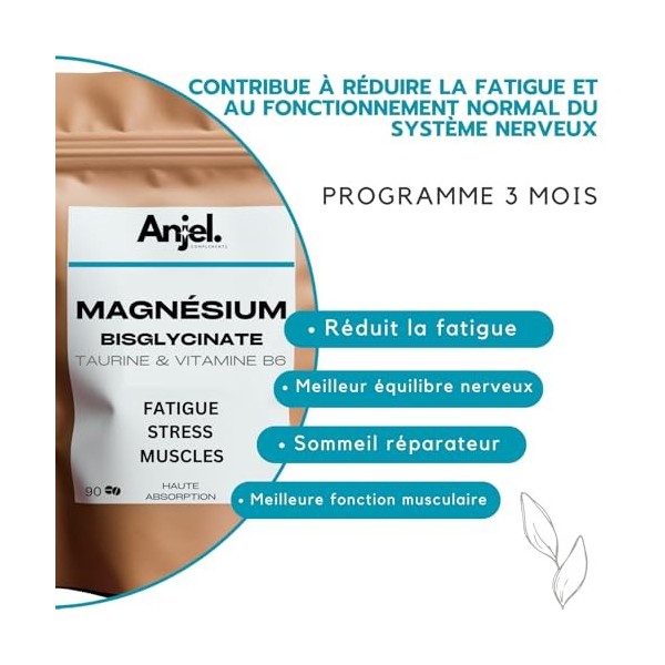 ANJEL | Magnésium Bisglycinate + Taurine & Vitamine B6, Haute Teneur 300mg/j, 90 Comprimés - Fatigue et Stress, Absorption Su